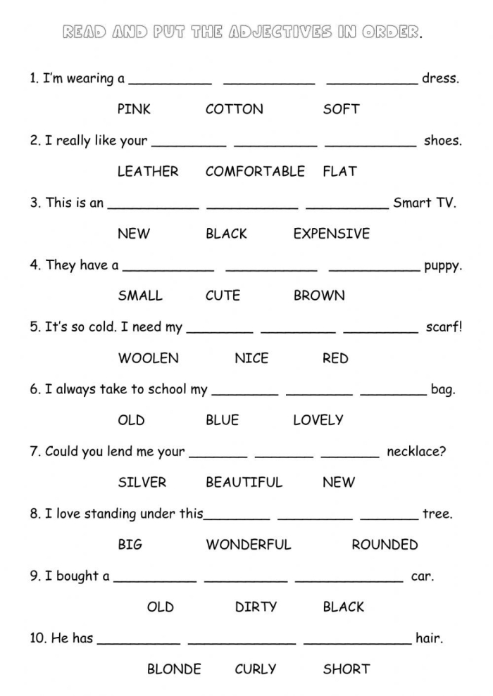 Fix the Sentences Adjective Order worksheet for fourth grade page six Fourth grade students completing a worksheet focused on the correct sequence of adjectives