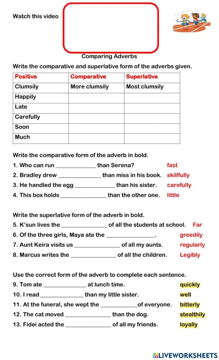Third grade students practice comparative and superlative adjectives by completing 20 fill in the blank sentences on this worksheet