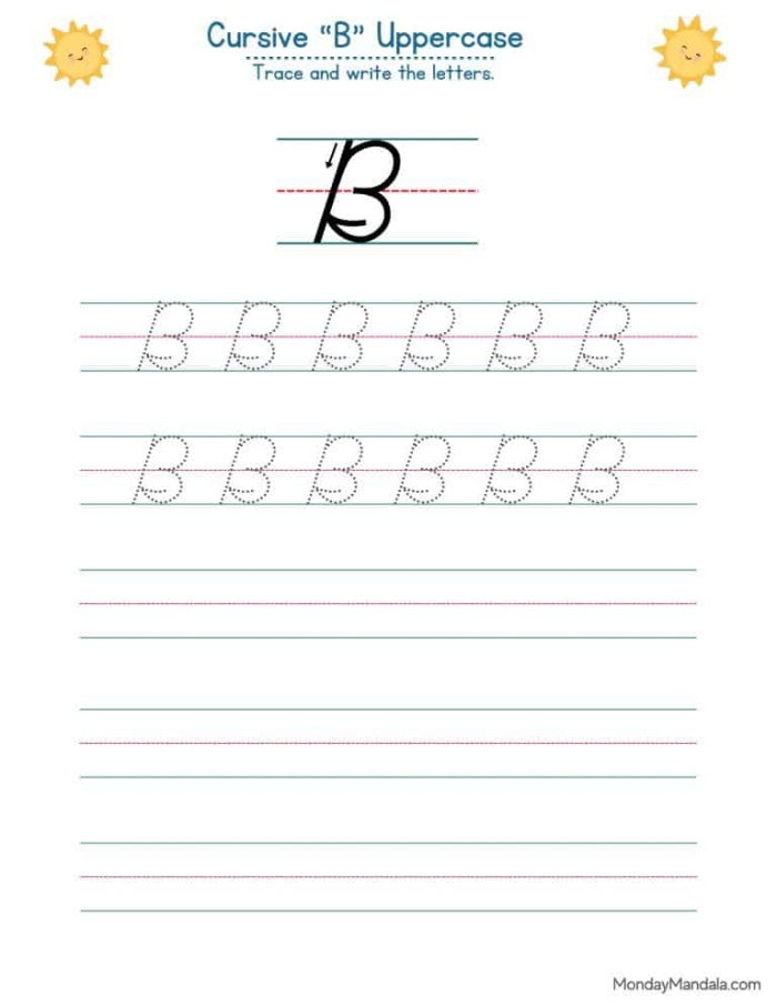 Practice tracing and writing cursive B with this helpful worksheet for young learners Cursive B worksheet designed for third graders to improve their penmanship skills