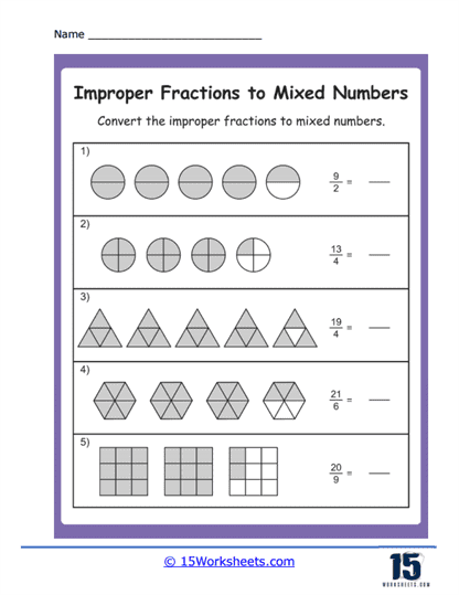 Fifth grade math worksheet showing mixed and improper fractions practice problems with colorful design elements for student engagement