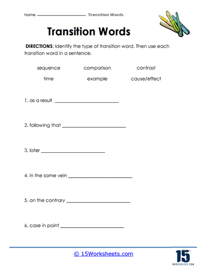 Worksheet featuring transition words for informational writing practice in sixth grade