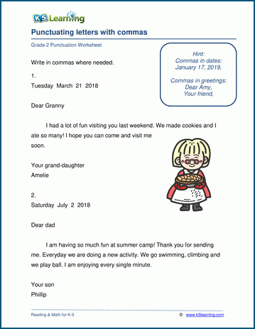Punctuating Your Letter worksheet activity image for elementary grammar practice Fourth grade students editing punctuation errors in a sample letter worksheet exercise