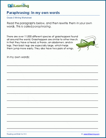 Paraphrasing Practice worksheet for fourth graders focusing on reading comprehension skills