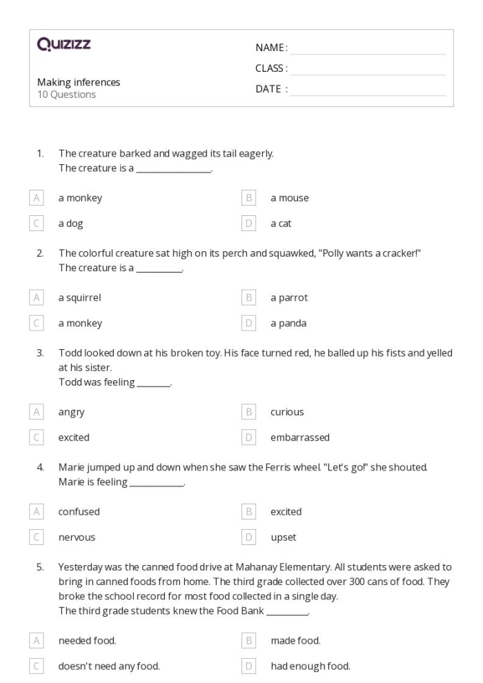 Fourth grade student completing a worksheet on making inferences in a fictional story