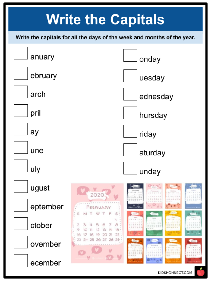 First grade geometry themed worksheet focused on practicing capitalization and sentence structure
