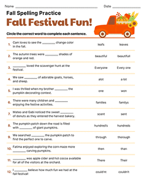 Sixth grade spelling practice worksheet featuring a musical recital theme for students