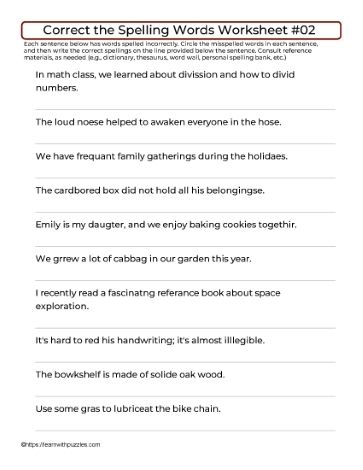 Worksheet featuring spell-check squiggles for correcting spelling errors
