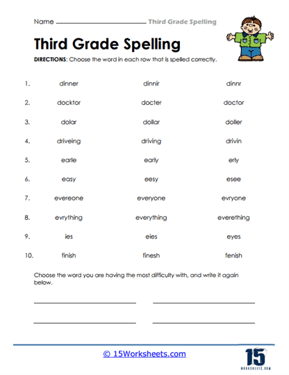 Children practicing spelling tricky words on a worksheet designed for third graders