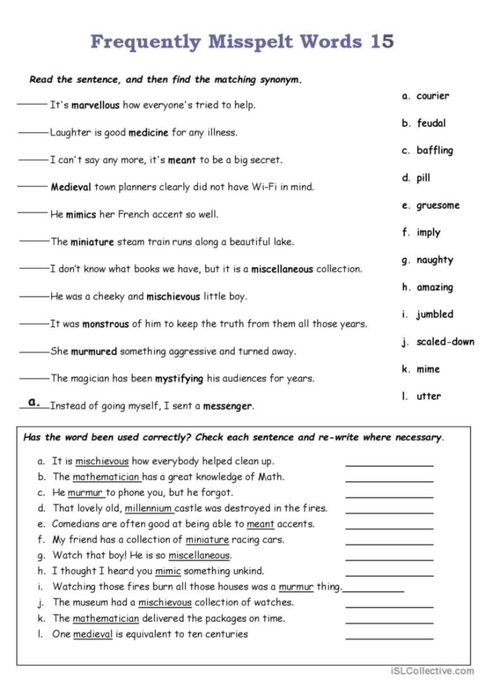 Third grade student completing a Find the Misspelled Words worksheet with a red pencil