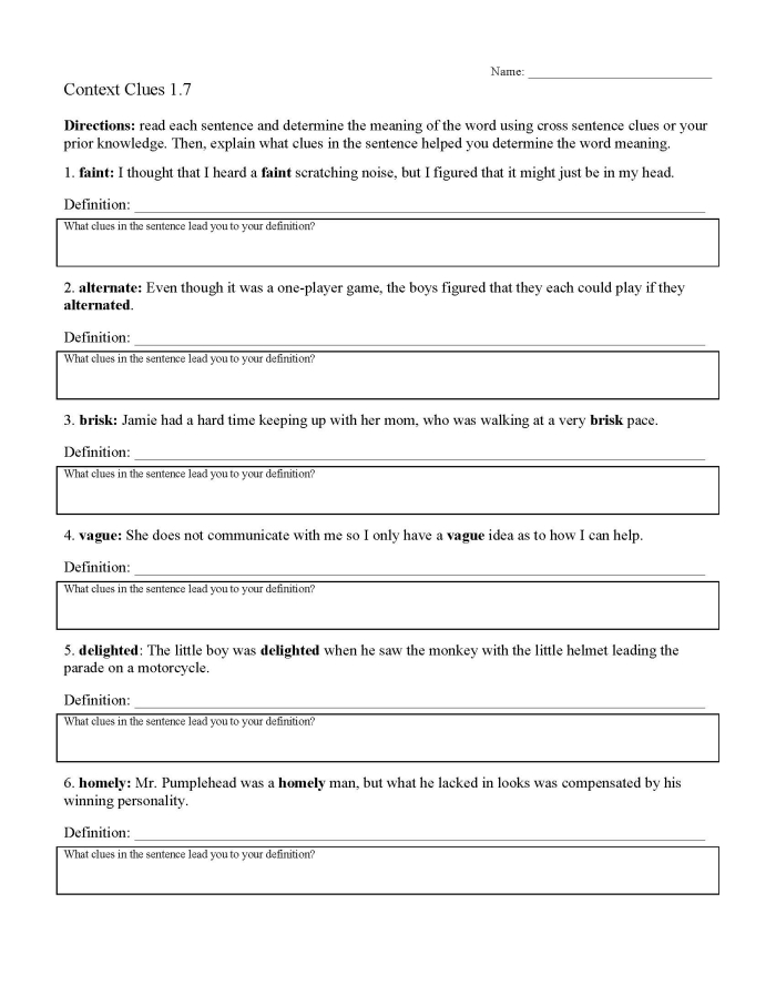 Third grade worksheet featuring context clues exercises for vocabulary building