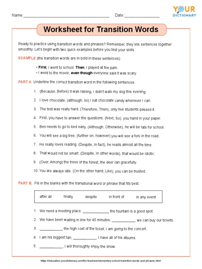 Transition Words in Informational Writing worksheet for sixth-grade students enhancing grammar skills