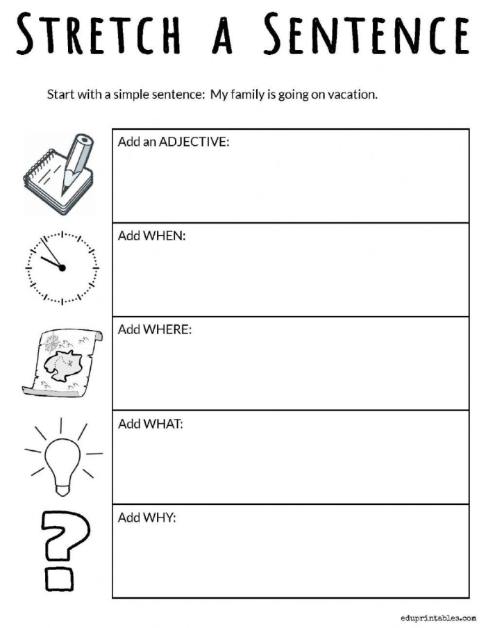 Colorful worksheet featuring a "Stretch a Sentence" activity for second graders to enhance their writing skills