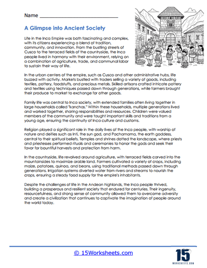 Inca Empire roads worksheet for sixth-grade history students