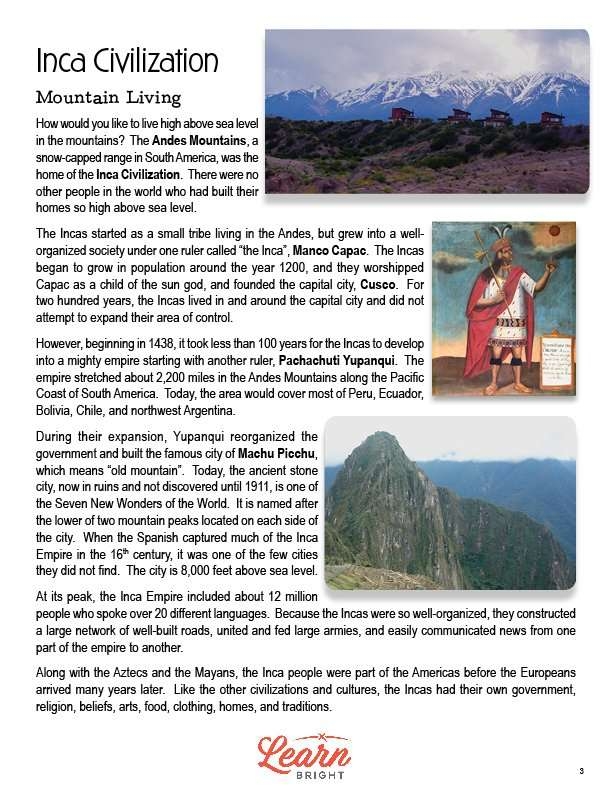 ALT text for a worksheet about the Inca Empire's impressive road system designed for sixth graders