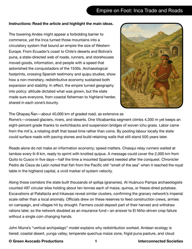 Detailed worksheet on the Inca Empire's intricate road systems for sixth graders