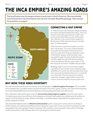 Inca Empire roads worksheet for sixth-grade students exploring ancient South America