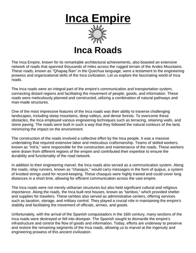 Detailed worksheet on the Inca Empire's incredible road system for sixth graders