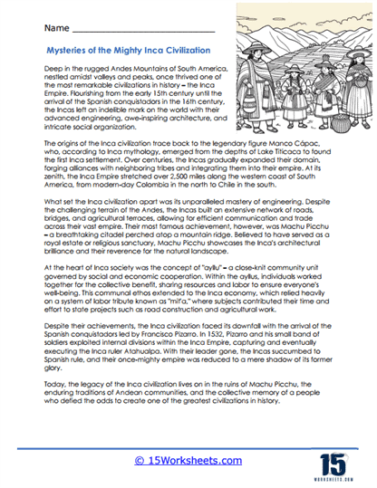 Inca Empire Roads worksheet for sixth graders exploring South American history