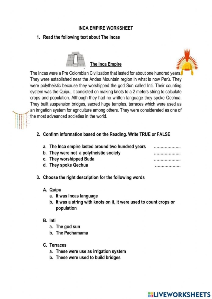 Inca Empire roads worksheet for sixth-grade world history students