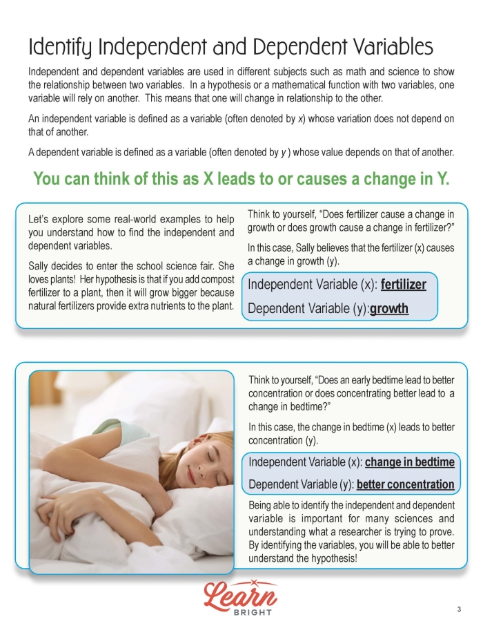 Sixth grade math worksheet for identifying independent and dependent variables in real world scenarios