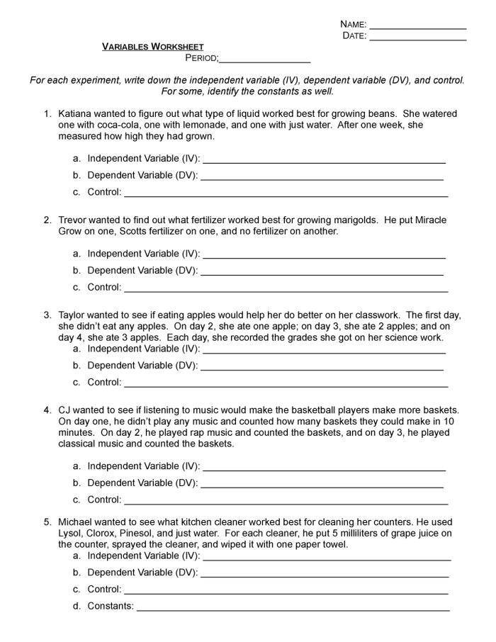 Sixth grade math worksheet for identifying independent and dependent variables in real-world scenarios 16