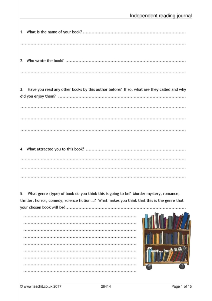Independent Reading Log worksheet for students to record and reflect on their reading progress
