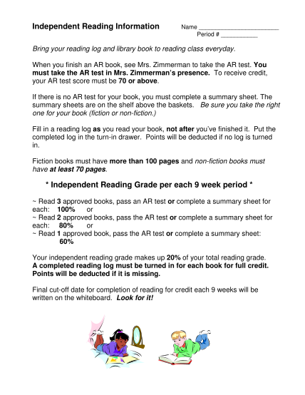 Independent Reading Log worksheet for students to summarize and reflect on their reading progress
