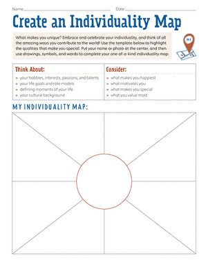 Creative self-exploration activity image for designing a unique individuality map Individuality Map worksheet for sixth graders showcasing personal attributes and interests