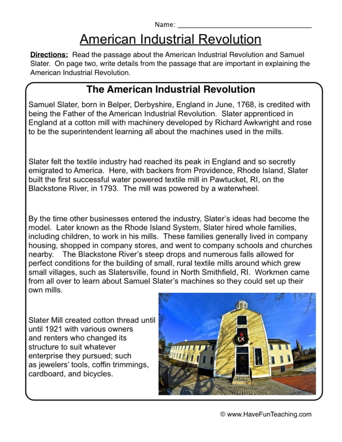 Industrial Revolution worksheet for fourth graders exploring societal advancements