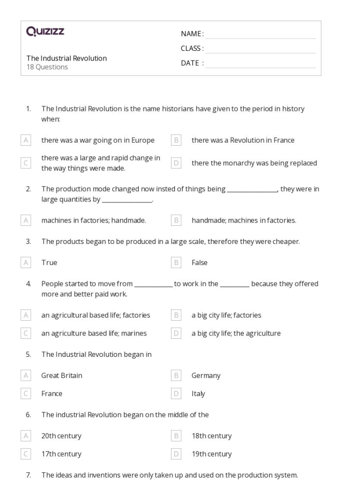 Industrial Revolution worksheet for fourth graders, showcasing key concepts of societal advancement