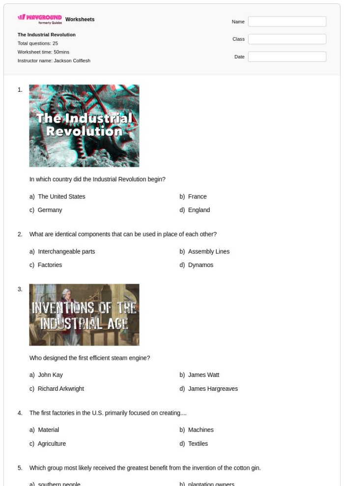 Industrial Revolution worksheet for fourth graders exploring societal advancements