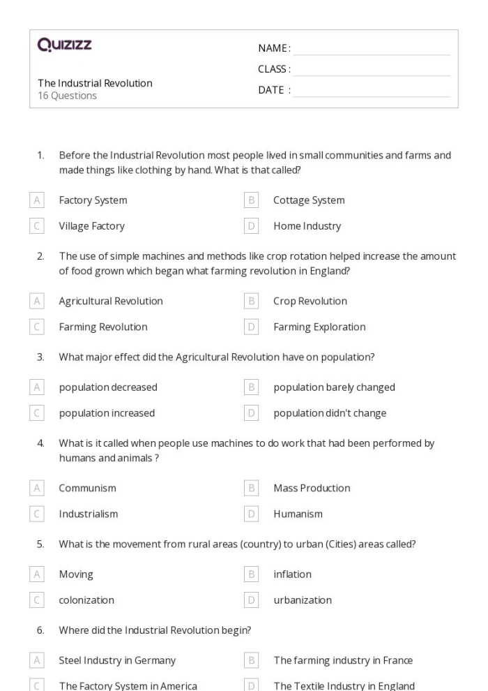 Sixth grade student worksheet matching inventors to their inventions from the Industrial Revolution with word bank options