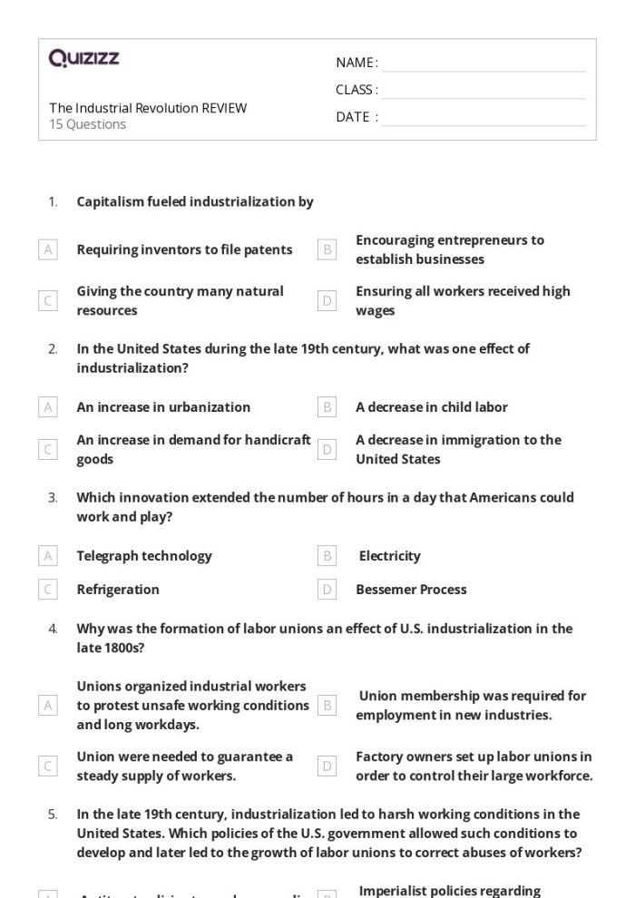 Sixth grade history worksheet asking students to match famous Industrial Revolution inventors with their specific creations