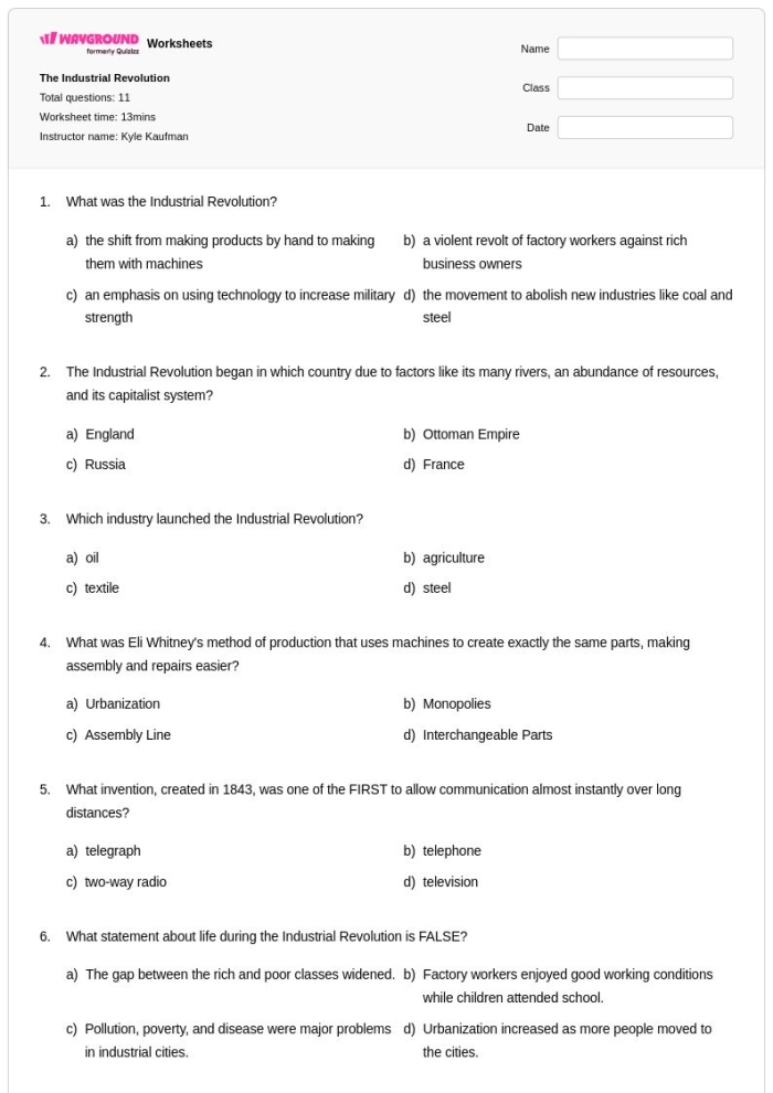 Fourth grade student reading a worksheet about the impact of the Industrial Revolution