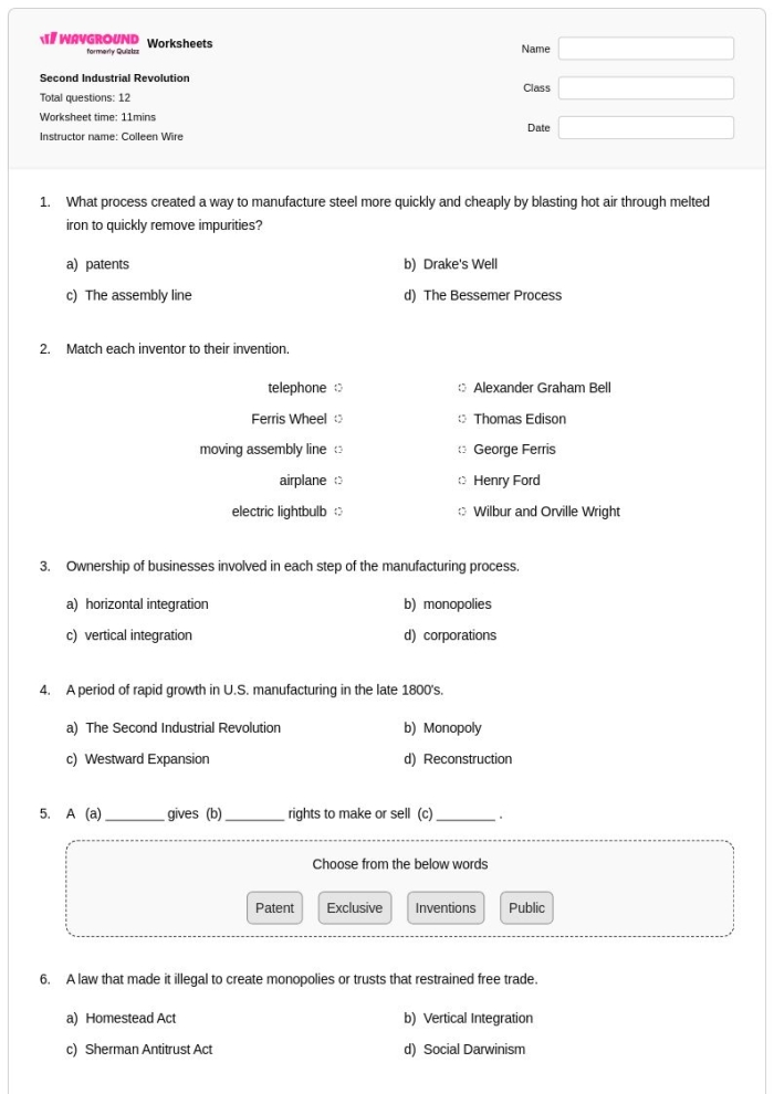 Sixth grade students matching inventors to their inventions from the Industrial Revolution on a worksheet activity