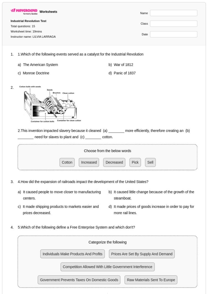 Sixth grade students matching inventors to their inventions from the Industrial Revolution word bank activity