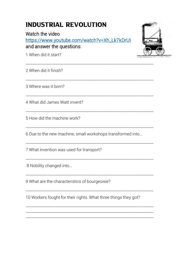 Sixth grade history worksheet asking students to match inventors like Eli Whitney and James Watt to their inventions from the Industrial Revolution