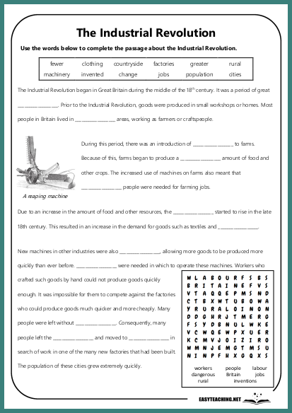Fourth grade student reading a worksheet about the history of the Industrial Revolution