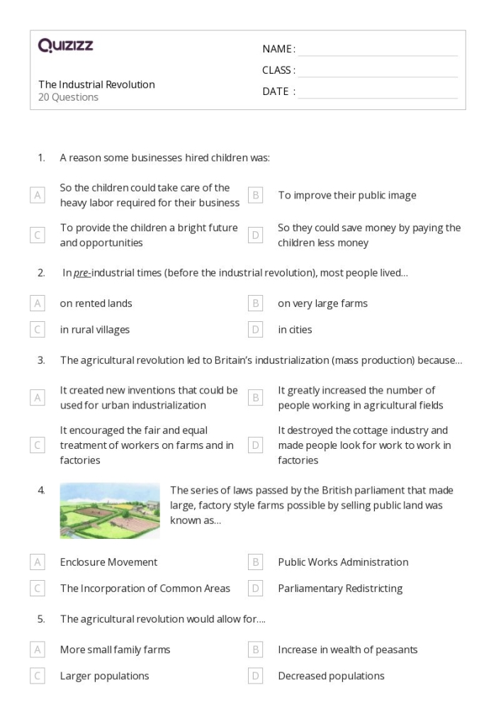 Industrial Revolution worksheet for fourth graders exploring societal advancements