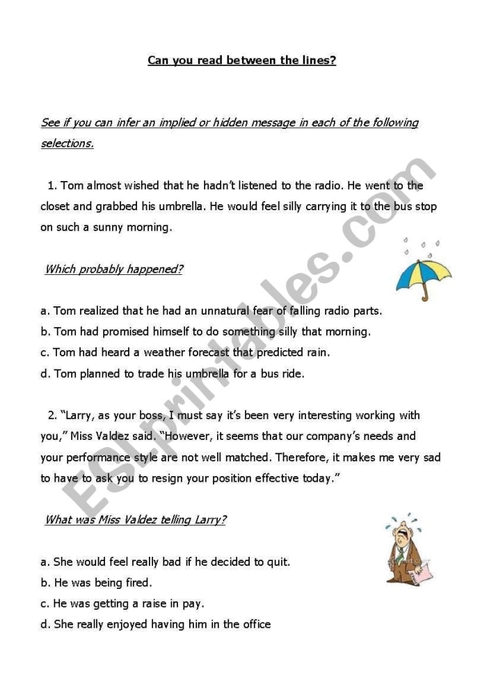 Fourth grade student completing a Reading Between the Lines worksheet with inference exercises