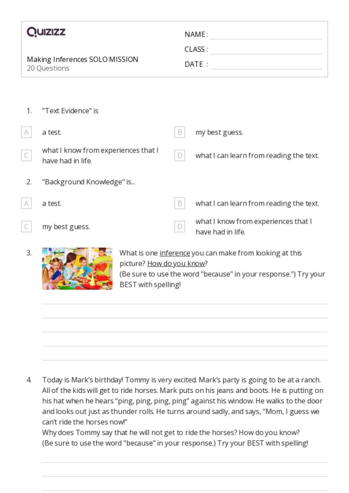Fourth grade students completing a reading comprehension worksheet about making inferences with textual evidence