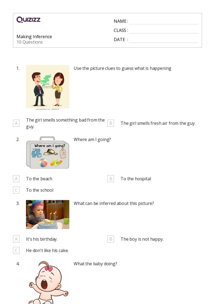 Fourth grade worksheet showing a student making inferences about a story with evidence