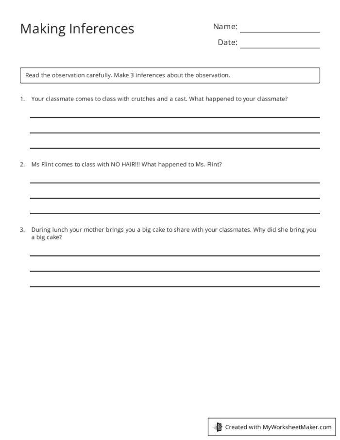 Make Your Own Inferences Worksheet for Second Grade Reading Lesson 15 Second grade students practicing reading comprehension skills with a Make Your Own Inferences worksheet
