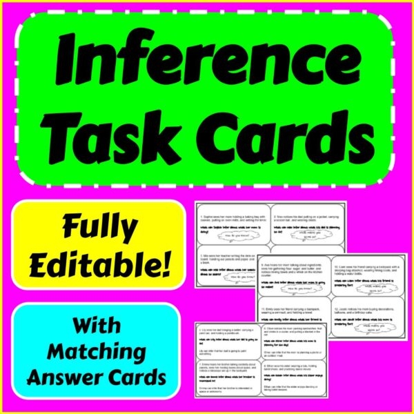 Inference Task Cards worksheet for third graders focusing on reading comprehension and inference skills. Engaging task cards to help students analyze character, setting, and plot details.