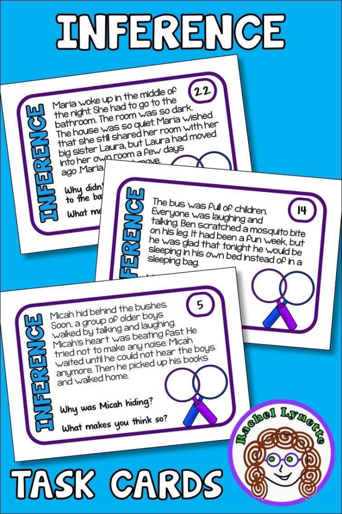 Inference Task Cards worksheet for third graders focusing on reading comprehension and making inferences. Engaging task cards designed to enhance students' skills in understanding character, setting, and plot.