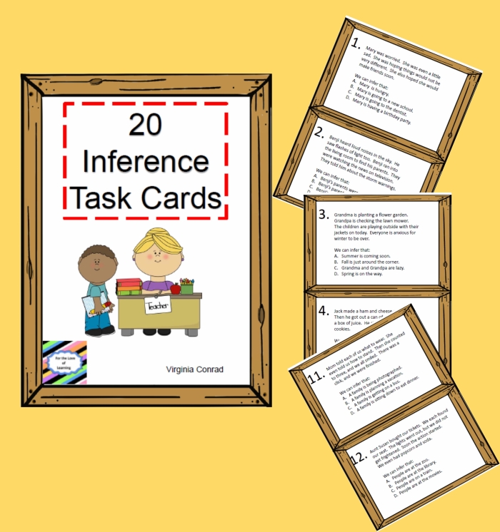 Inference Task Cards worksheet for third graders focusing on reading comprehension and character analysis