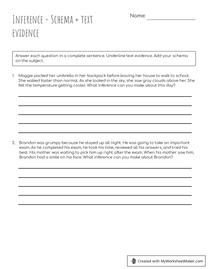 Graphic organizer designed to help students make inferences while reading texts Inferences & Evidence worksheet graphic organizer for fourth-grade students