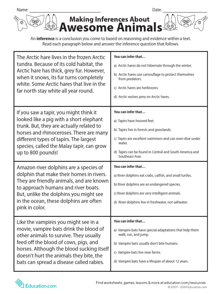 Fourth grade student worksheet focusing on drawing inferences from fun animal facts