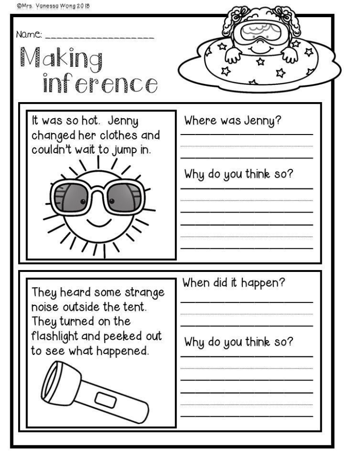 Make Your Own Inferences Worksheet Image 8 for Elementary Reading Comprehension Second grade students practicing inference skills with simple sentences on a worksheet activity sheet
