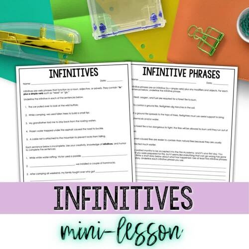 Infinitives and infinitive phrases worksheet for seventh-grade grammar students